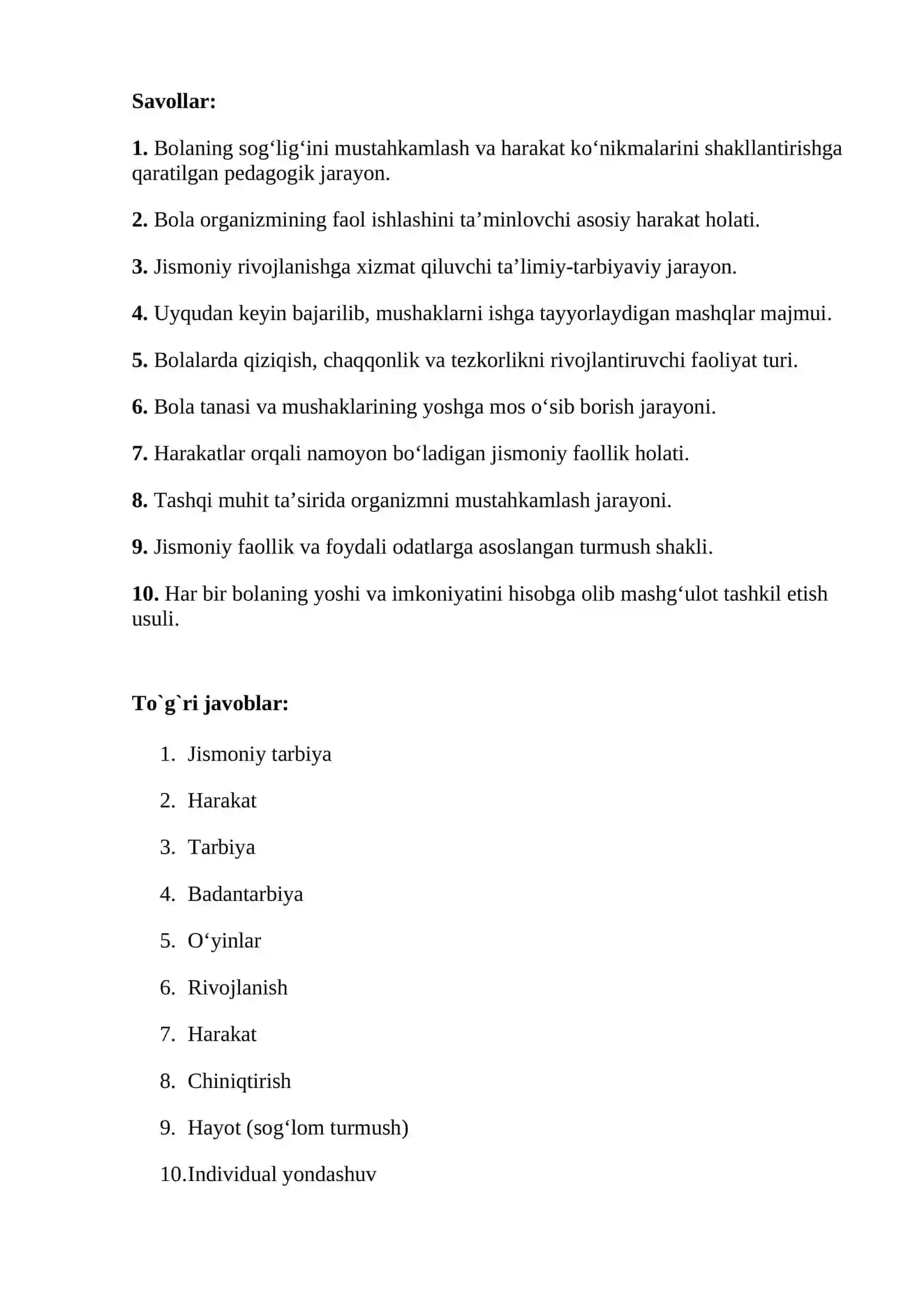 Bolalarni kundalik hayotida jismoniy tarbiya bo`yicha ishni tashkil etish Topshiriq: chaynvord tuzish 2