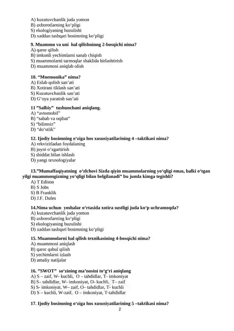 Iqtisodiyot va aniq fanlar kafedrasi Iqtisodiyot (sirtqi) 1-kurs talabalari uchun Kreativ fikrlash fanidan Oraliq nazorati test savollari 2