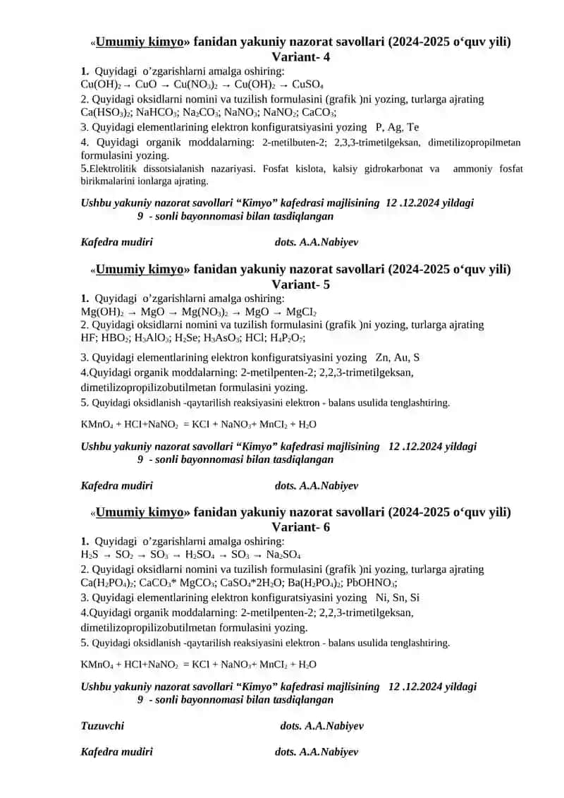 Umumiy kimyo fanidan yakuniy nazorat savollari (2024-2025 o‘quv yili) - Variant 1 2