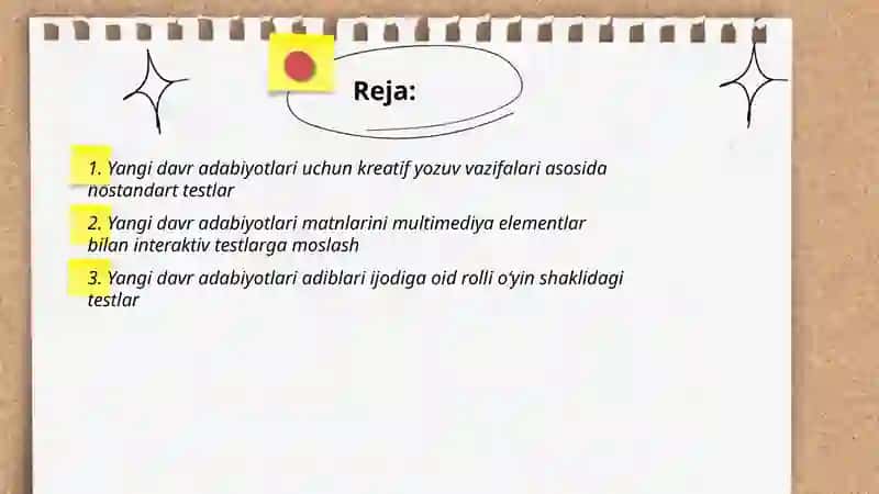 Yangi davr adabiyotlari uchun testlar 2