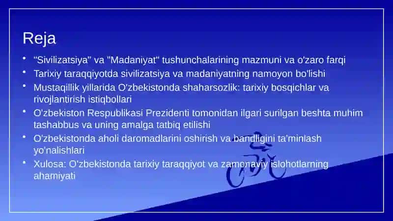 Sivilizatsiya va Madaniyat tushunchalari mazmuni va ularning tarixiy taraqqiyotda namoyon bo'lishi. Mustaqillik yillarida shaharsozlik, tarixiy bosqichlar va rivojlantirish istiqbollari 2