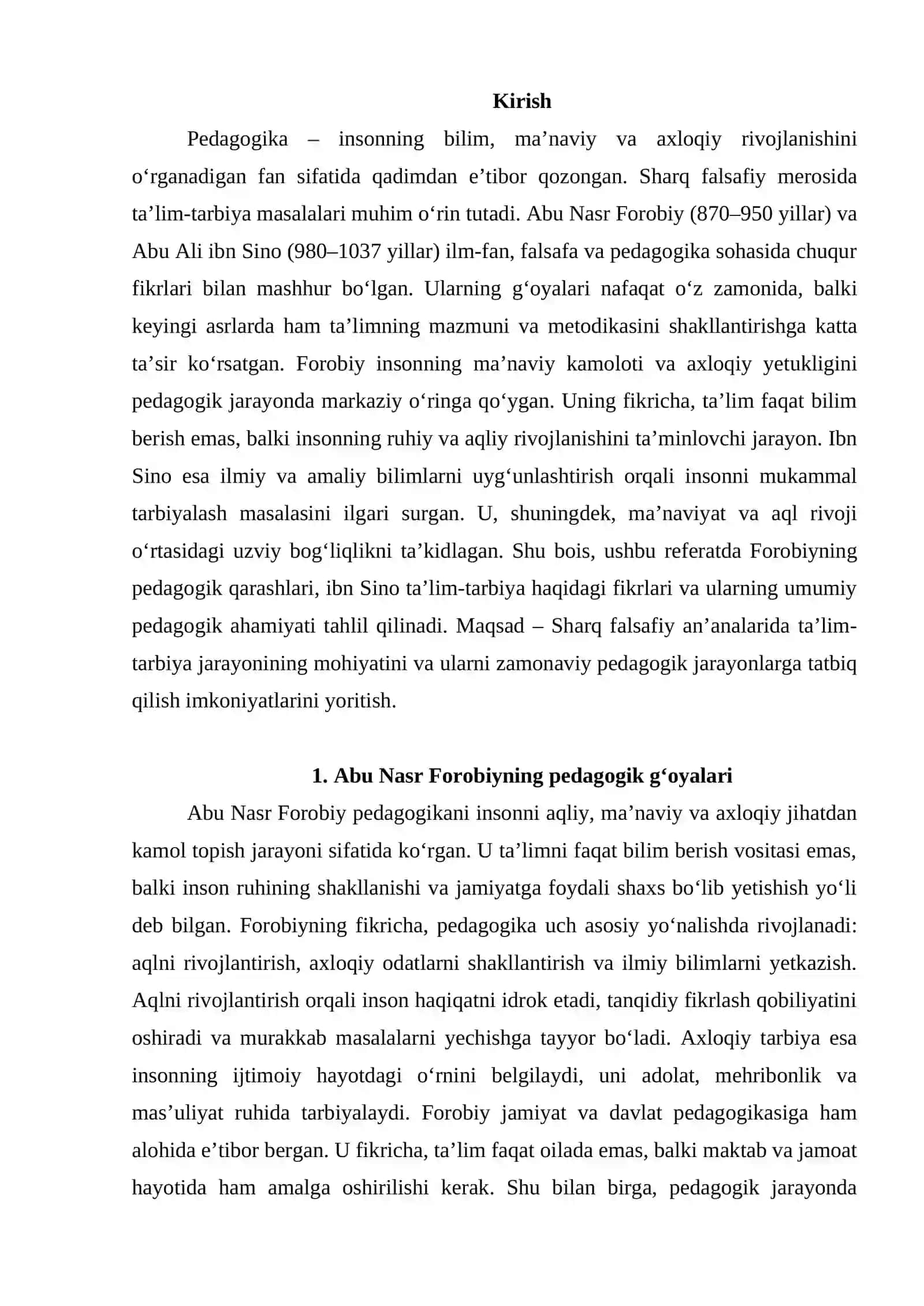 Abu Nasr Forobiyning pedagogik g‘oyalari. Abu Ali ibn Sino ta’lim-tarbiya haqida. 2