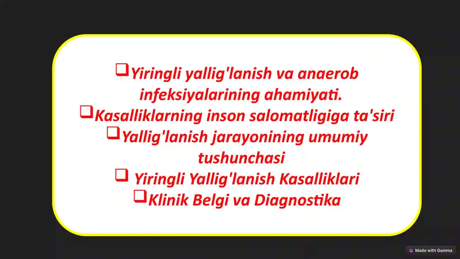 Mikrobiologiya, virusologiya, immunologiya fanidan Yiringli yallig'lanish kasalliklari va anaerob infeksiyalarining qo'zg'atuvchilari 2