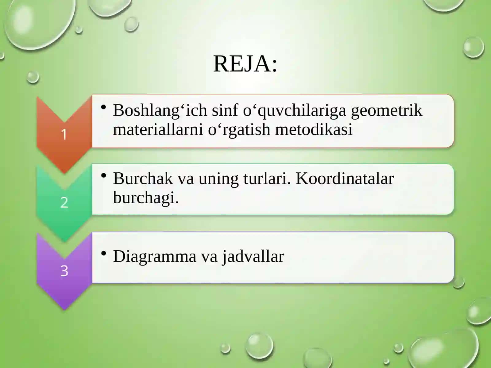 Geometrik materiallarni o‘rgatish metodikasi. Koordinata burchagi. Nuqta koordinatasi. Sodda grafiklar, diagrammalar, jadvallar. Burchak turlari, burchaklarni o‘lchash 2