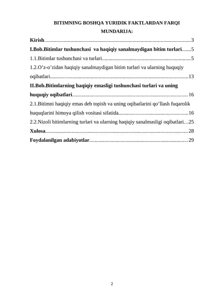 BITIMNING BOSHQA YURIDIK FAKTLARDAN FARQI.Kurs ishi 2