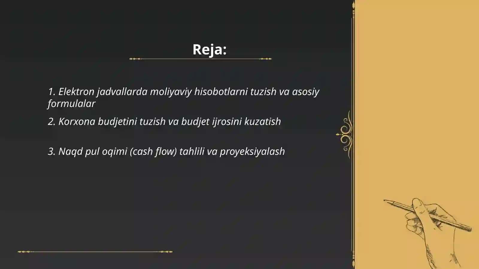 Iqtisodiyot va moliya sohasidagi amaliy vazifalarni yechish uchun elektron jadvallardan foydalanish 2