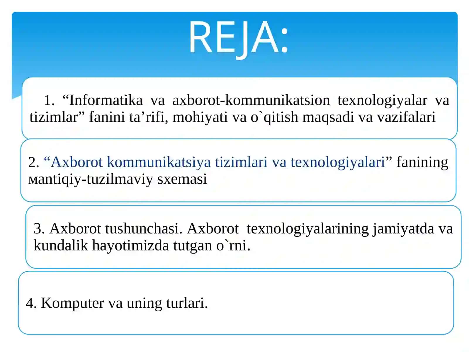 IQTISODIYOTDA AXBOROT-KOMMUNIKATSION TEXNOLOGIYALAR VA TIZIMLAR FANIGA KIRISH 2