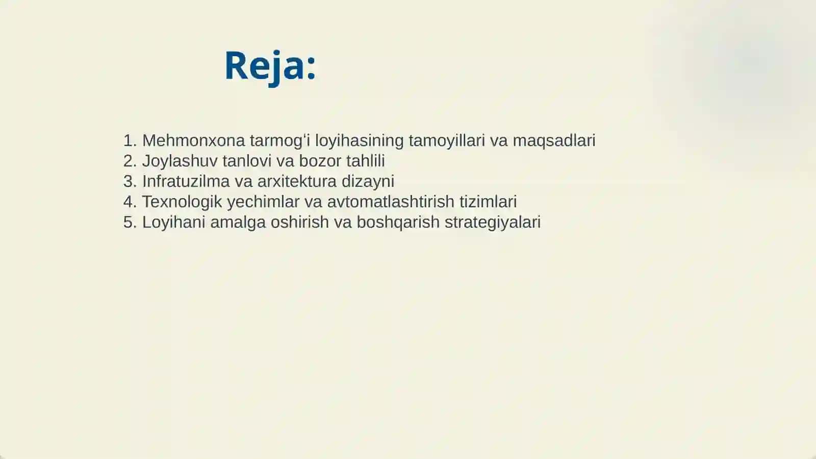 MEHMONXONA TARMOGʻI LOYIHASINI LOYIHALASHTIRISH VA ISHLAB CHIQARISH 2