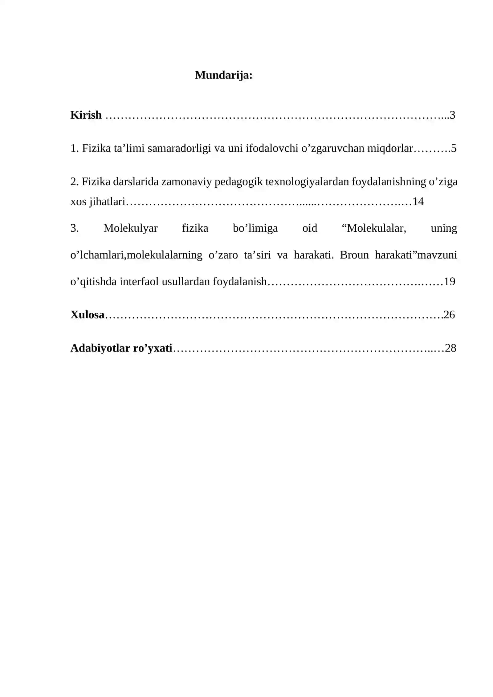Molekulyar fizika bo’limiga oid mavzularni o’qitishda pedagogik texnologiyalardan foydalanish usullari mavzusida tayyor kurs ishi. 2