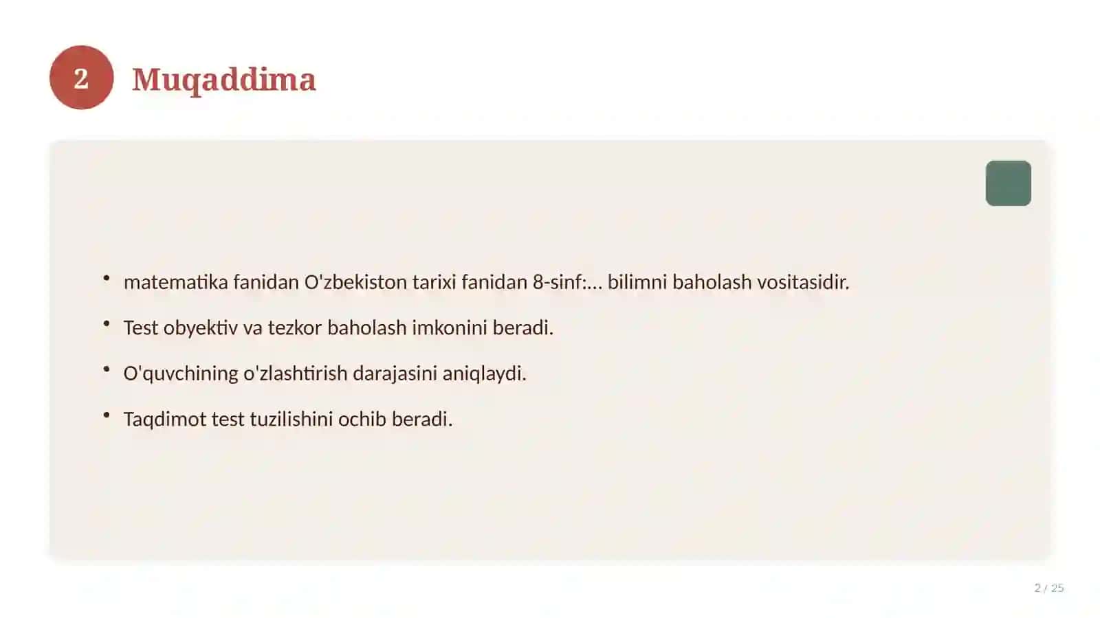 O'zbekiston Tarixi fanidan 8-sinf 2