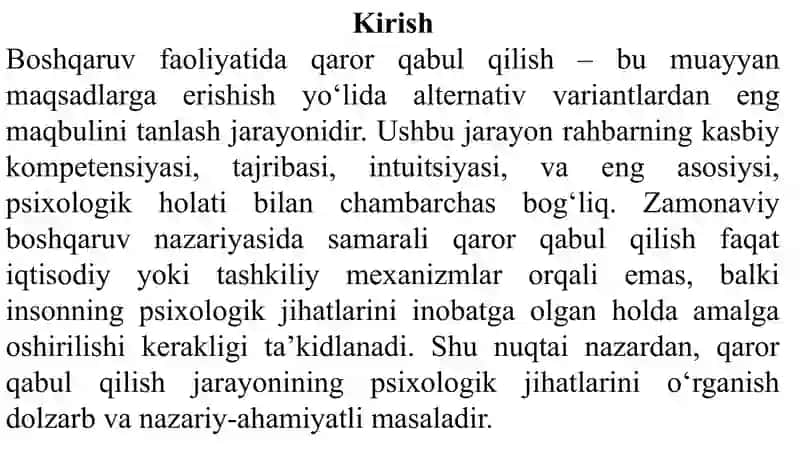 Boshqaruvda samarali qaror qabul qilishning psixologik jihatlari. 2
