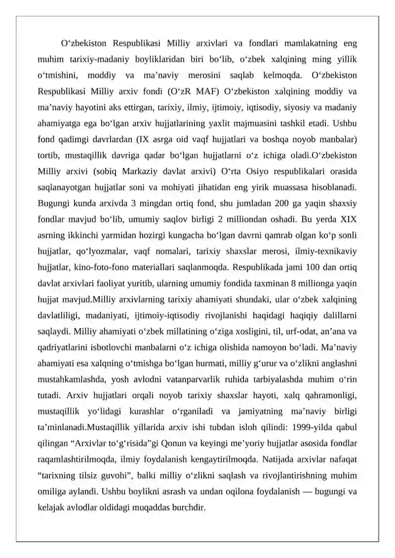 O‘zbekiston Respublikasi Milliy arxivlari va fondlarining tarixiy, milliy va ma’naviy ahamiyati 2