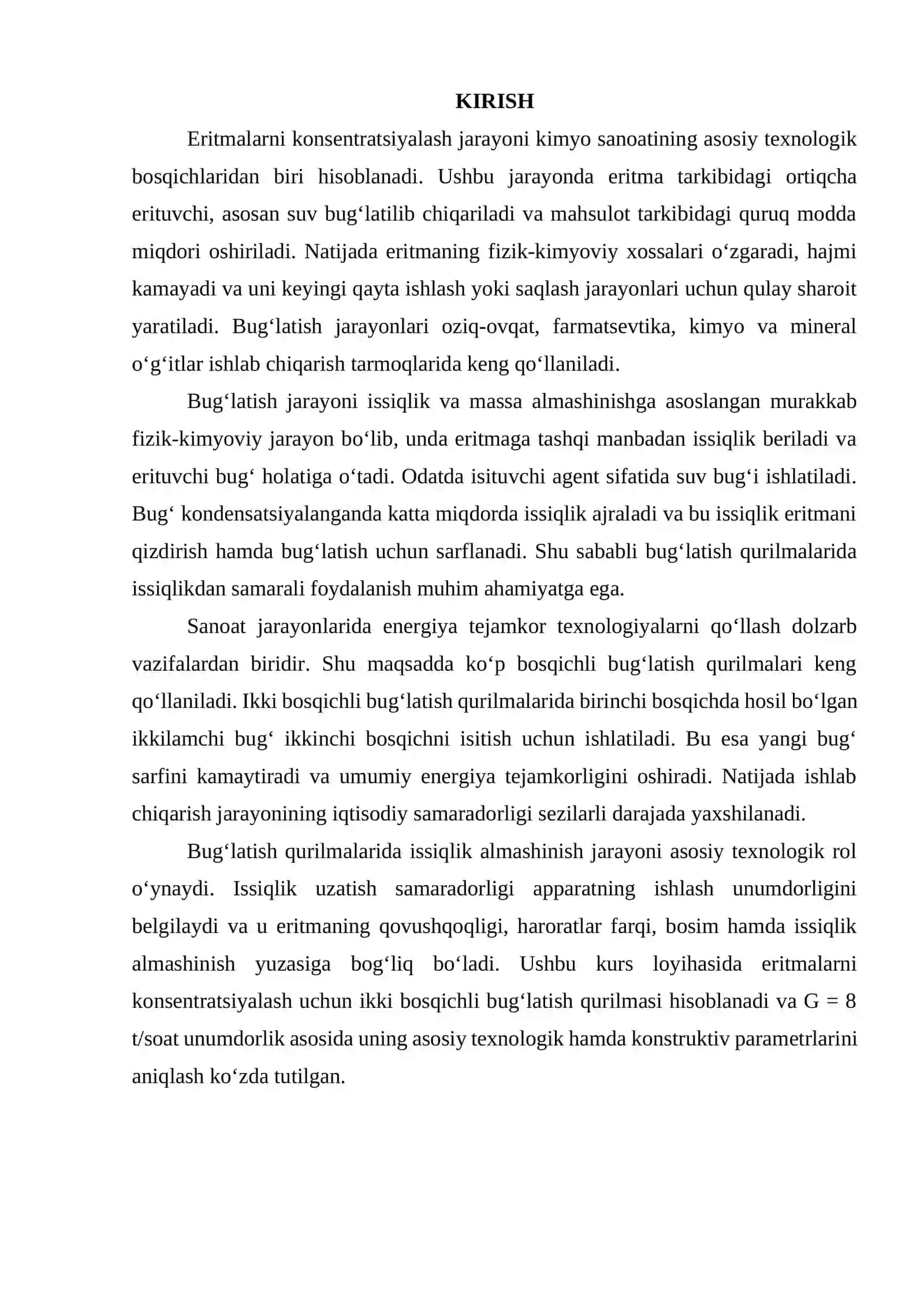 Eritmalarni konsentratsiyalash uchun ikki bosqichli bug'latish qurilmasi. G = 8 t/soat 2