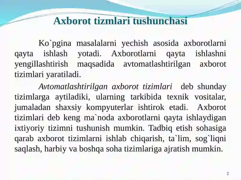 Avtomatlashtirilgan axborot tizimlari 2