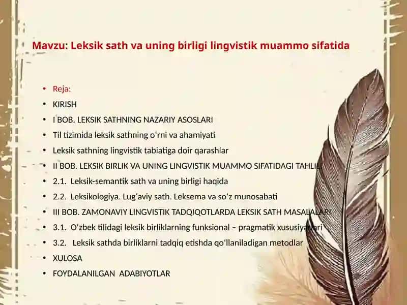 Hozirgi o'zbek adabiy tilidagi leksik sath va uning birlikligi lingvistik muammo sifatida 2