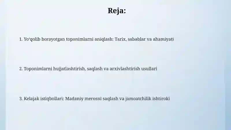 Yo‘qolib borayotgan mahalliy toponimlar bo‘yicha ma'lumot to‘plash 2