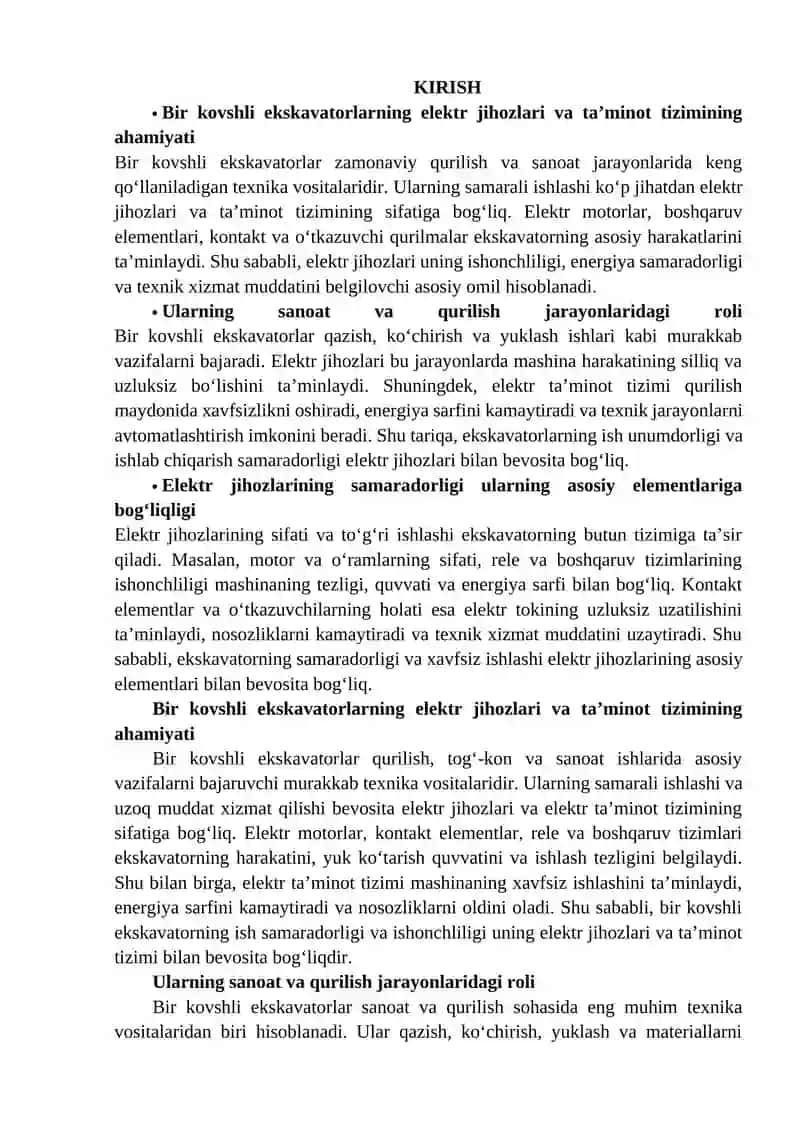 Bir kovshli ekskavatorlar elektr jihozlari va elektr ta’minoti 2