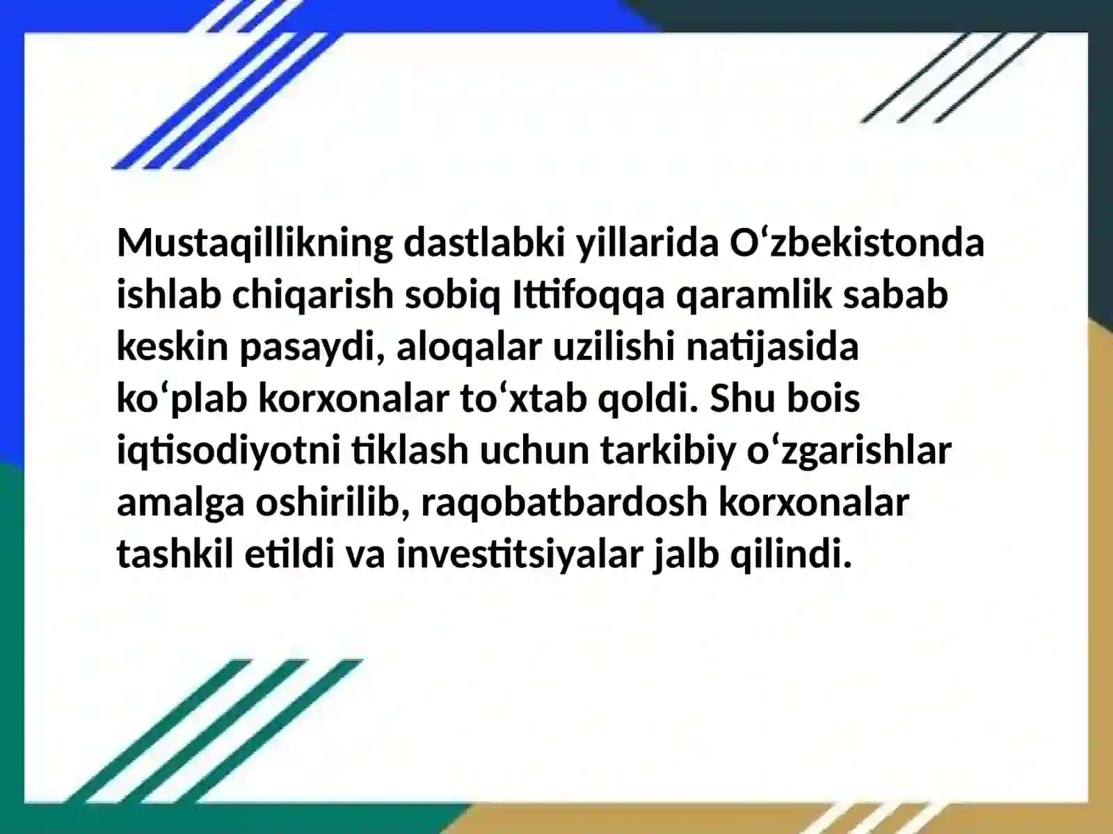 Oʻzbekistonda iqtisodiy islohotlarni amalga oshirilishi 2