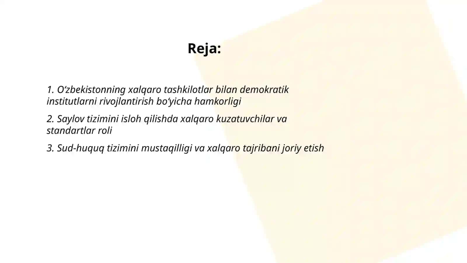 Ozbekistonning Jahon Hamjamiyati bilan Hamkorligida Demokratik Tamoyillarga asoslanishi 2