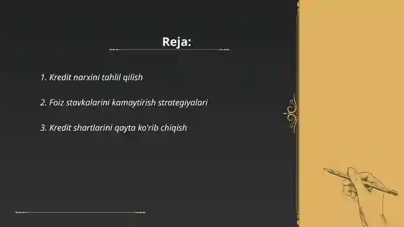 Kredit qiymatini kamaytirish va kreditdan foydalanishda yol qoyiladigan xossalari 2
