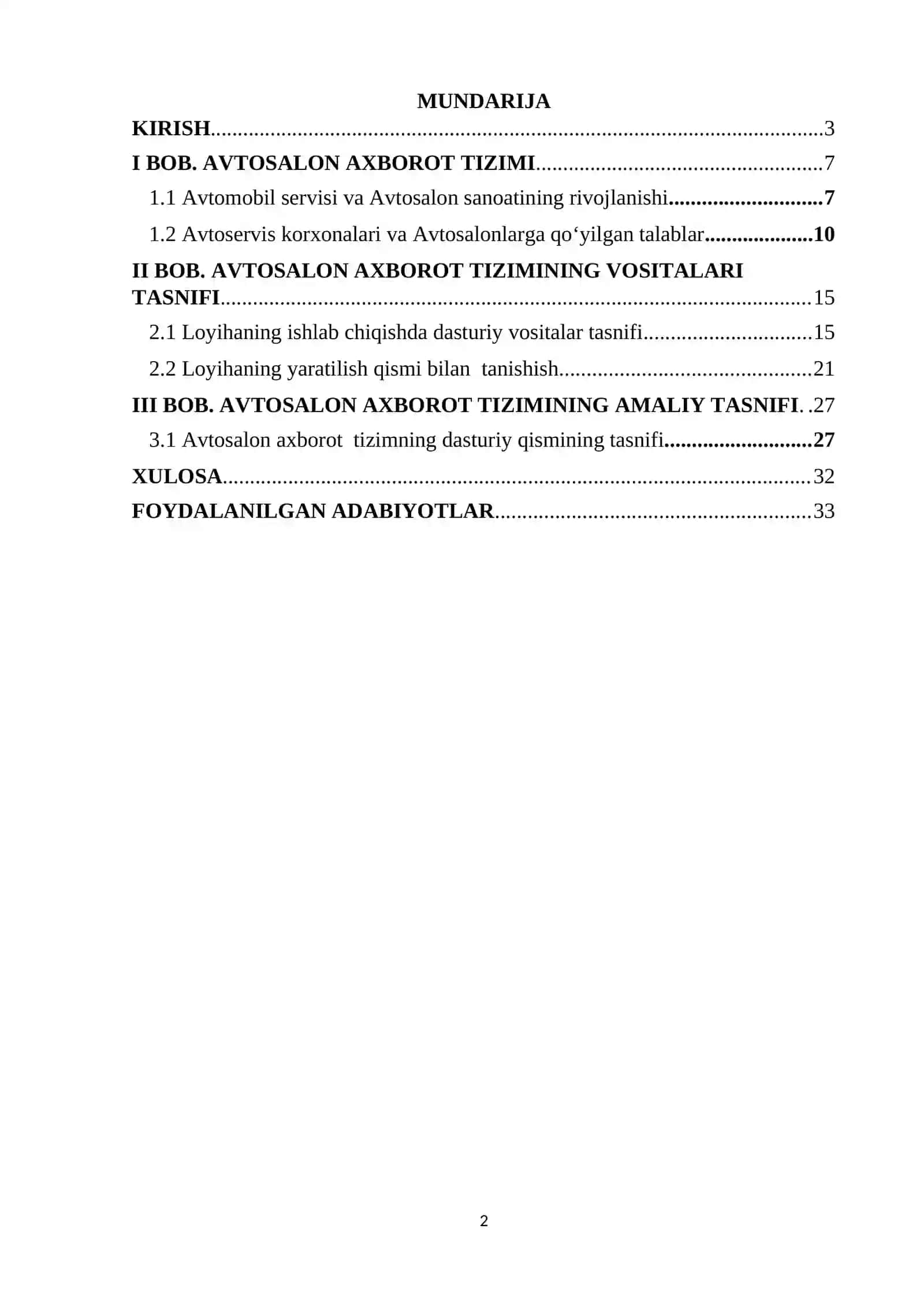 Avtosalon axborot tizimi dasturiy ta'minotini yaratish 2