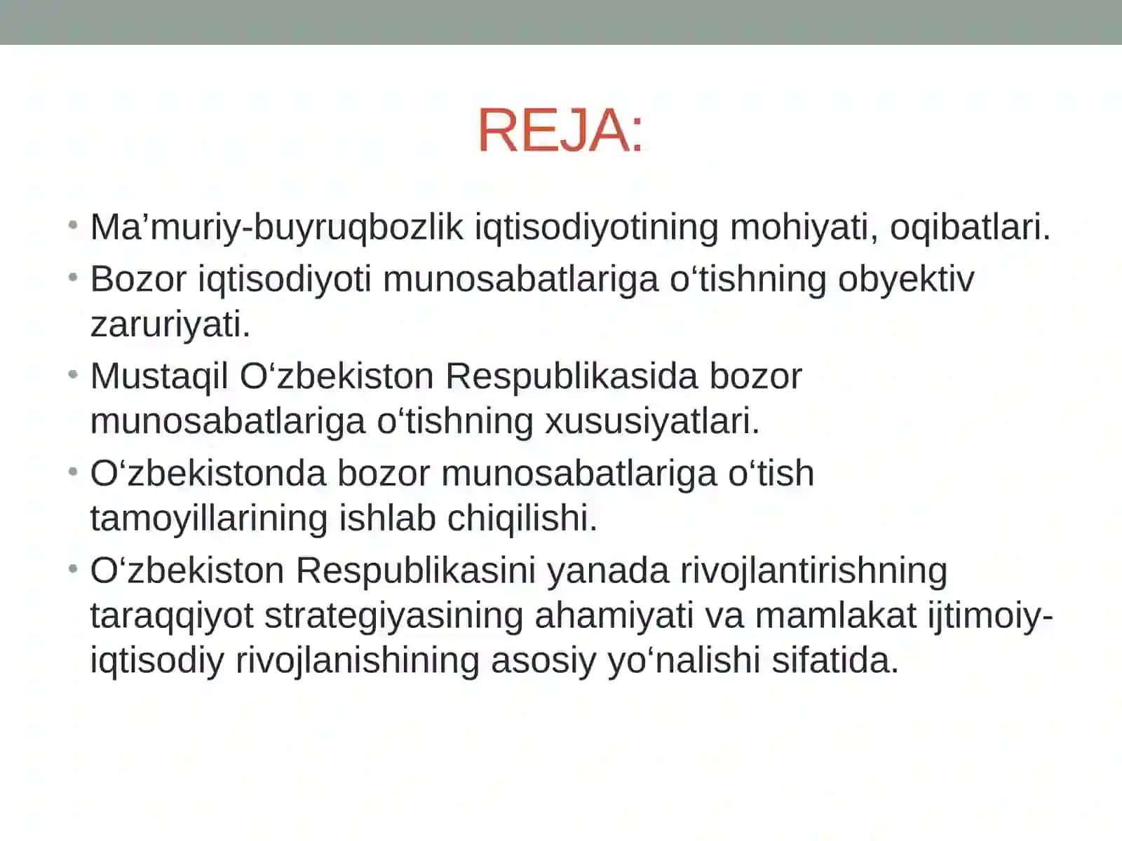 O’ZBEKISTON RESPUBLIKАSINING BOZOR MUNOSАBАTLАRIGА O’TISH KONSEPSIYАSI VА STRАTEGIYАSI 2