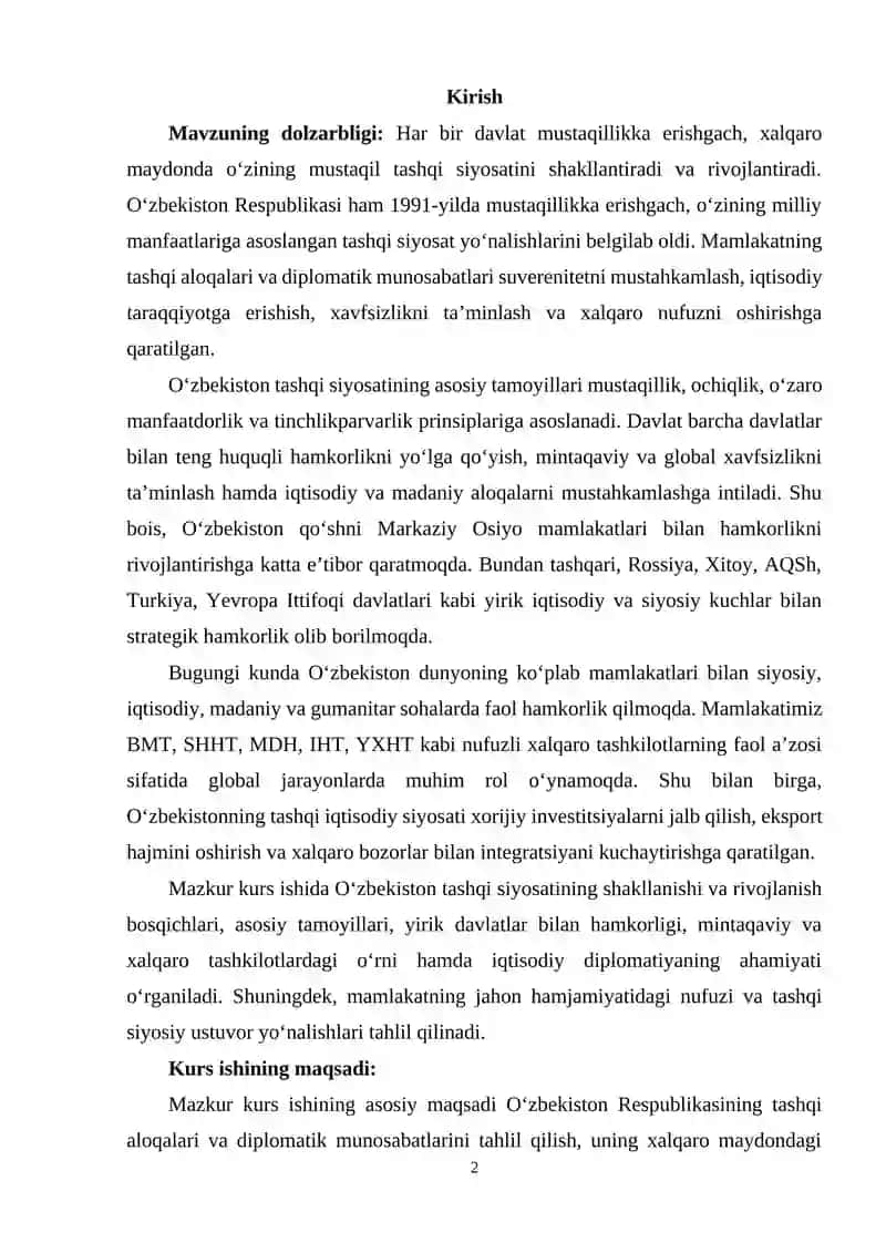 Oʻzbekiston iqtisodiyotining jahon bozoridagi oʻrni va iqtisodiy islohotlarning chuqurlashuvi 2
