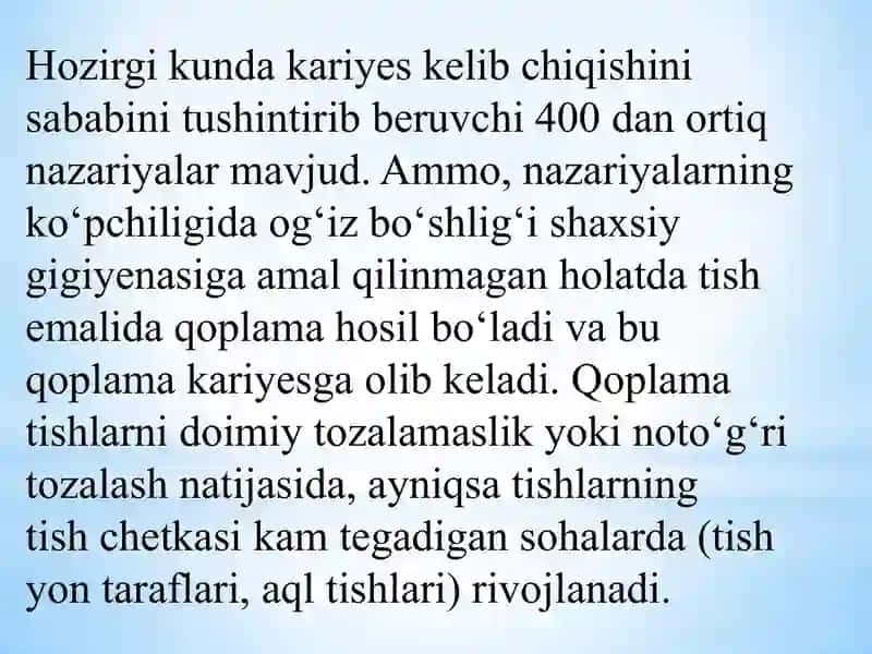 Kariyes kelib chiqishida mikroorganizmlarning roli. Og’iz bo’shlig’idagi kariyesogen muhit. Emalning kariyesrezistentligini oshirish usullari. 2
