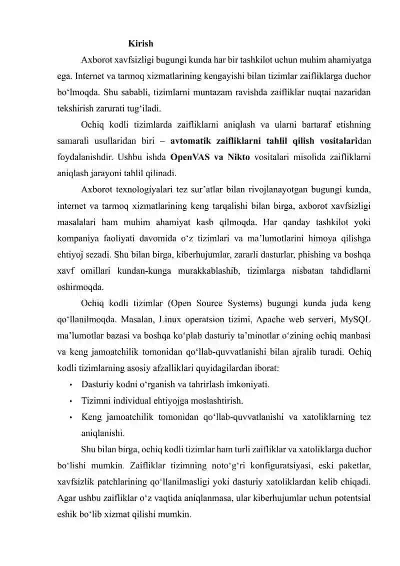 OCHIQ KODLIY TIZIMLARDA ZAIFLIKLARNI AVTOMATIK TAHLIL QILISH VOSITALARI (OPENVAS, NIKTO) 2