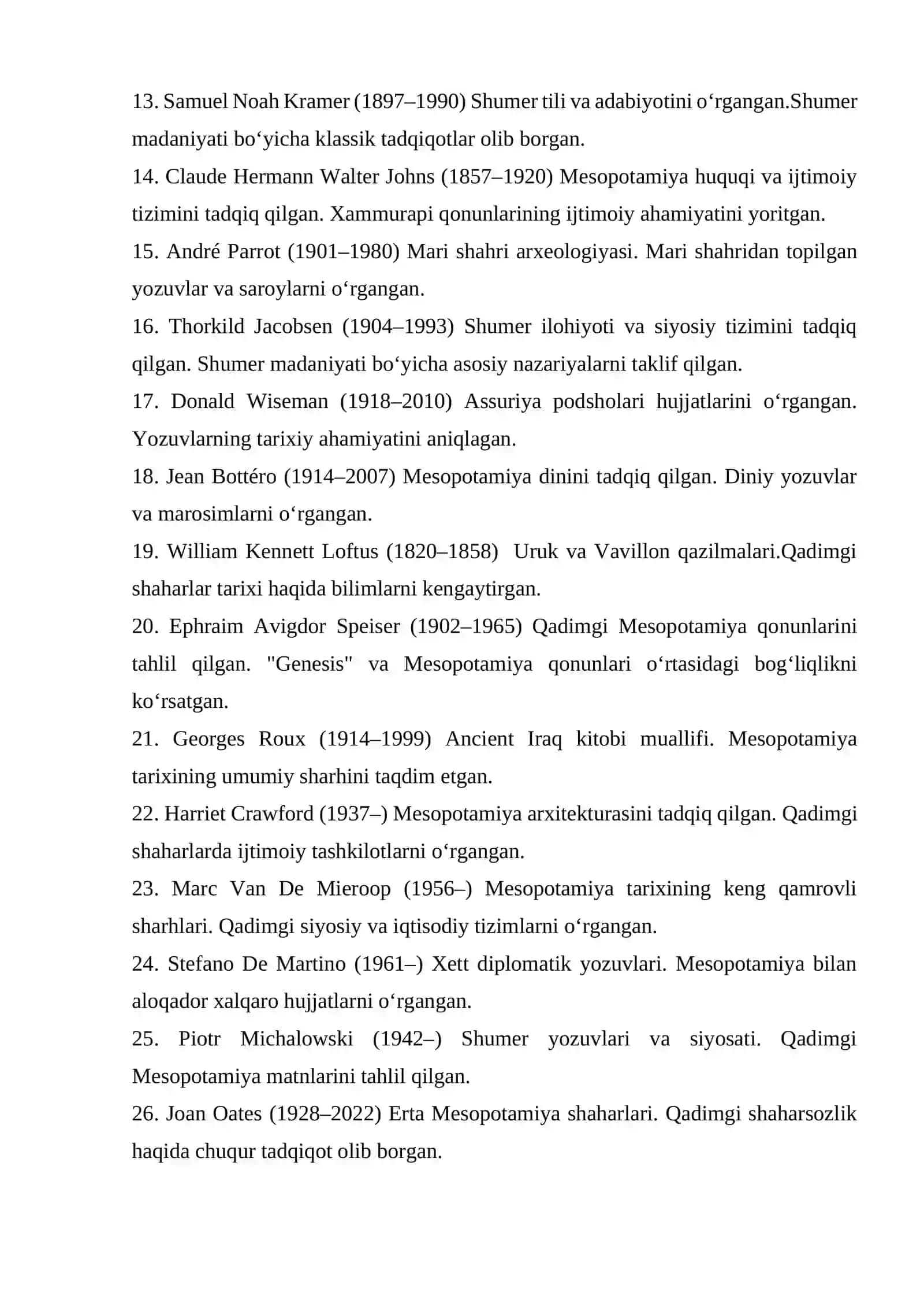 QADIMGI MESOPOTAMIYA TARIXINING O‘RGANGAN YEVROPALIK OLIMLAR VA ULARNING ILMIY ISHLARI RO‘YXATI 2