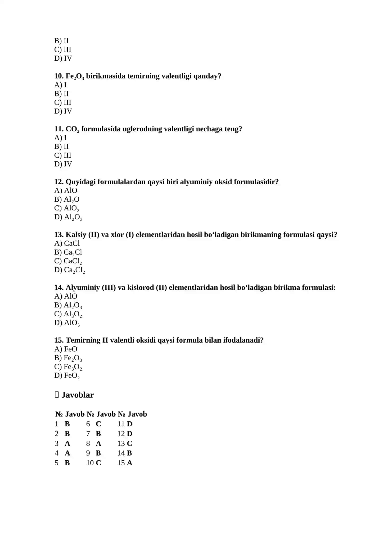 Kimyoviy formula va valentlik — 15 ta test 2