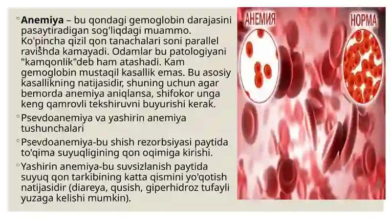 Anemiyalar.anemiyalar klassifikatsiyasi anemiya nizomi etiopatogenezi, anemiya nikin klinik-laborator diagnostikasi 2