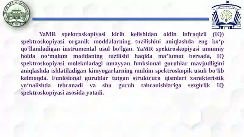 Infraqizil spektroskopiyasi usulining organik va elementorganik birikmalarni identifikatsiya qilishda qo‘llanilishi. 2