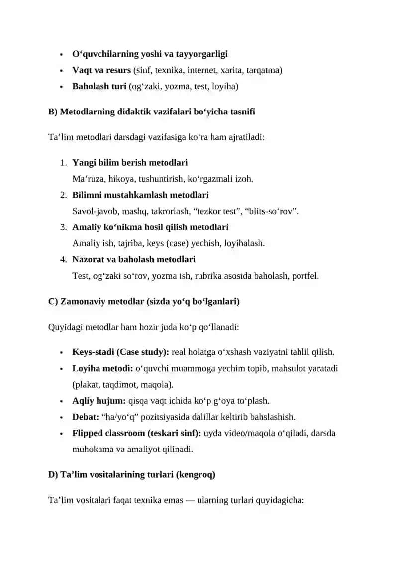 Ta'lim metodlari va vositalari bo‘yicha qo‘shimcha ma’lumotlar 2
