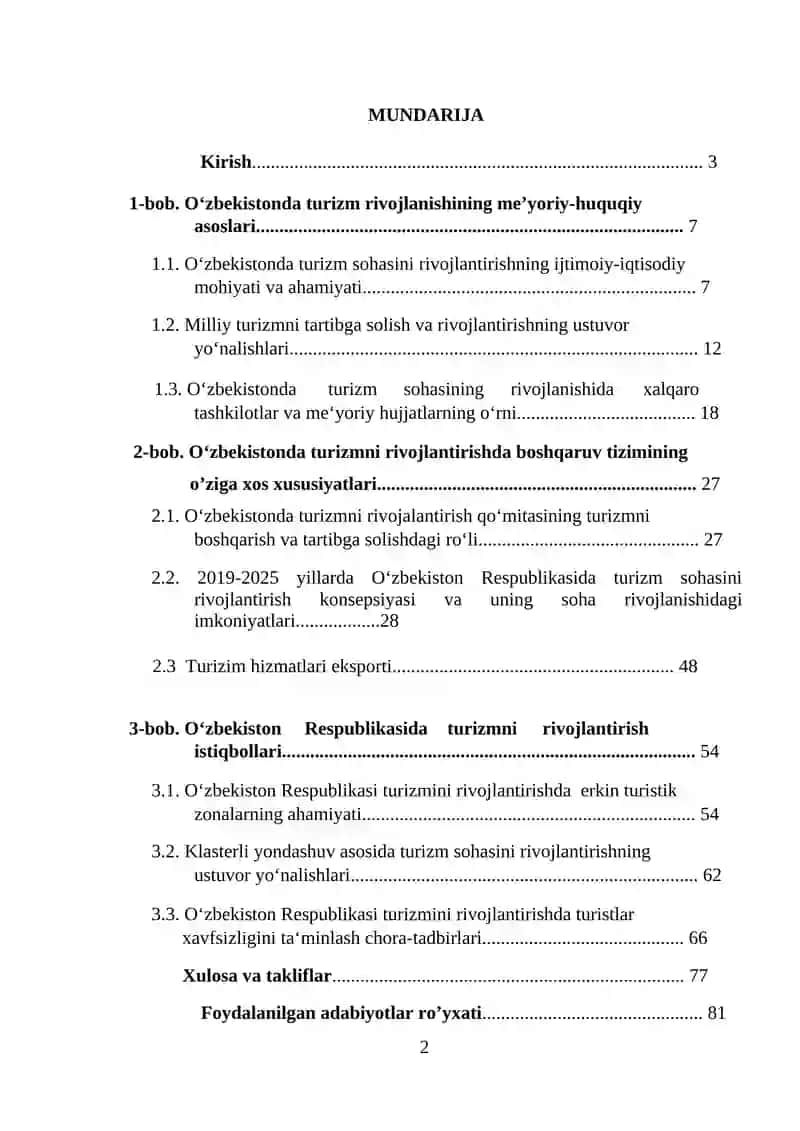 O’zbekiston turizim rivojlanishining statistik ko’rsatkichlari va tahlili 2