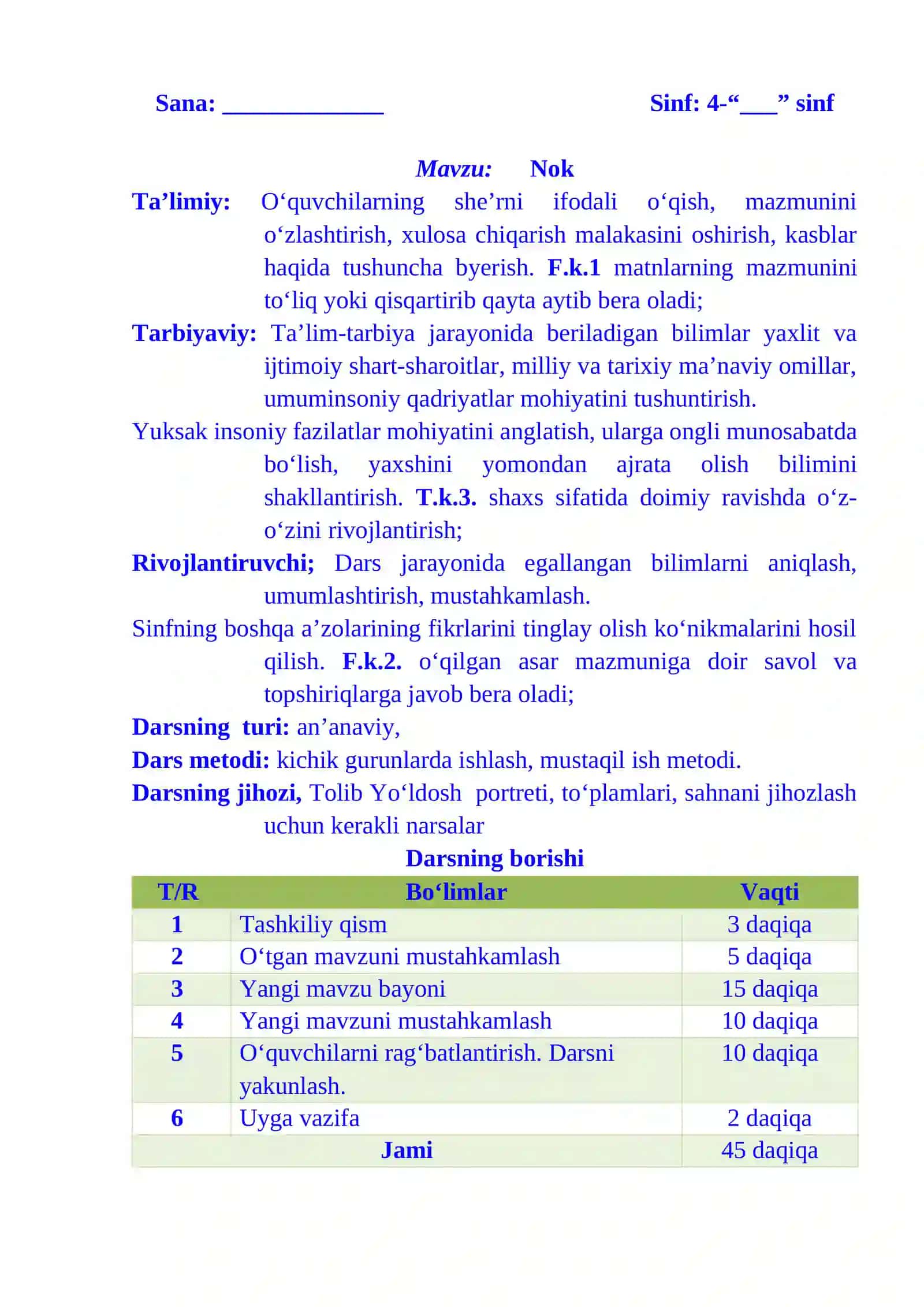 4-sinf o'qish Nok 3-chorak dars ishlanmasi 2