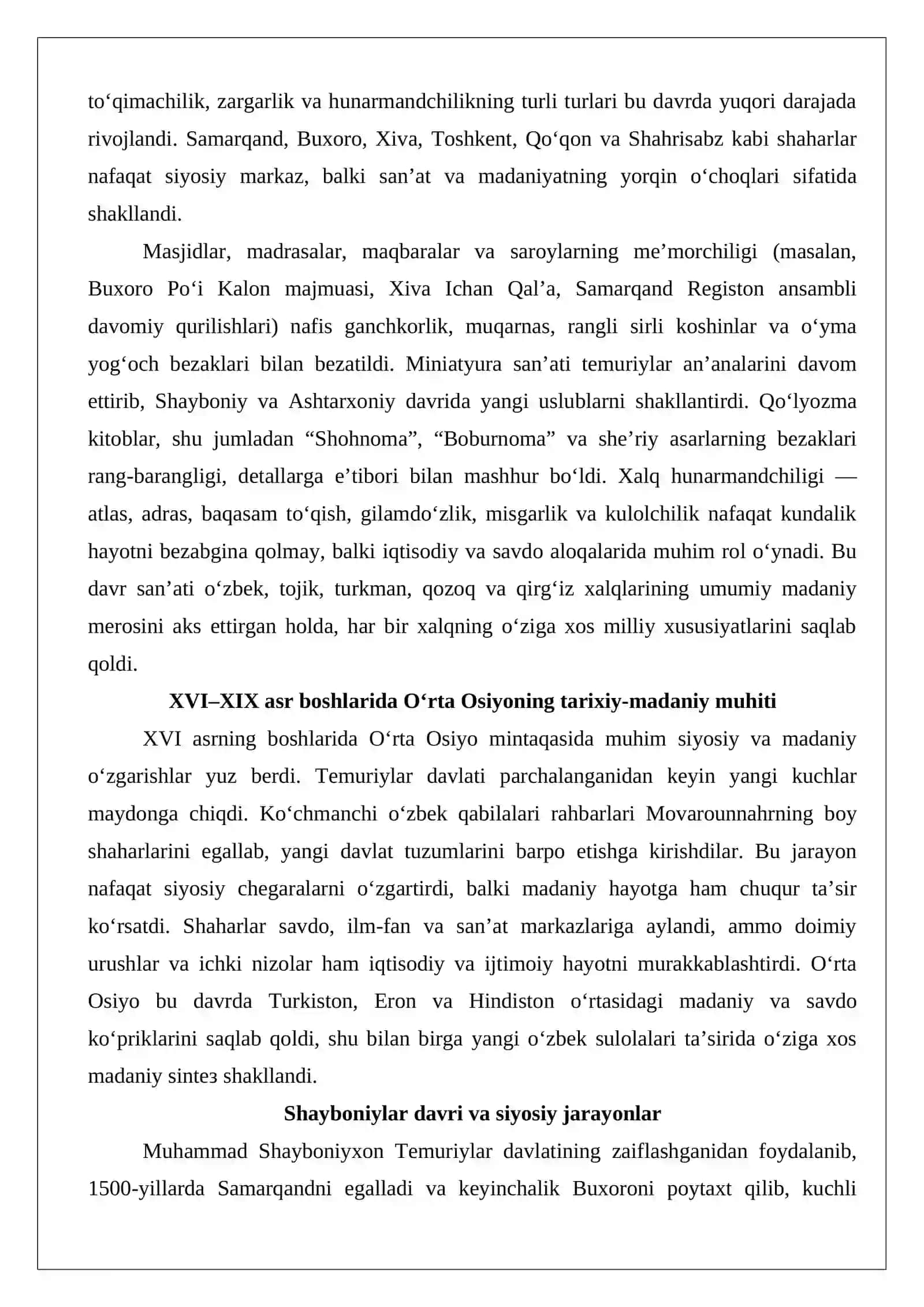 XVI–XIX asr birinchi yarmi O‘rta Osiyo xalqlari san’ati 2