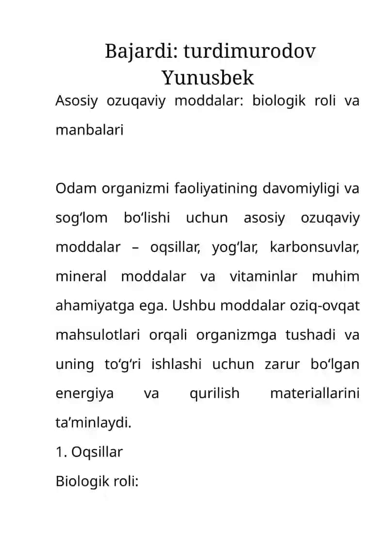 Asosiy ozuqaviy moddalar: biologik roli va manbalari 2