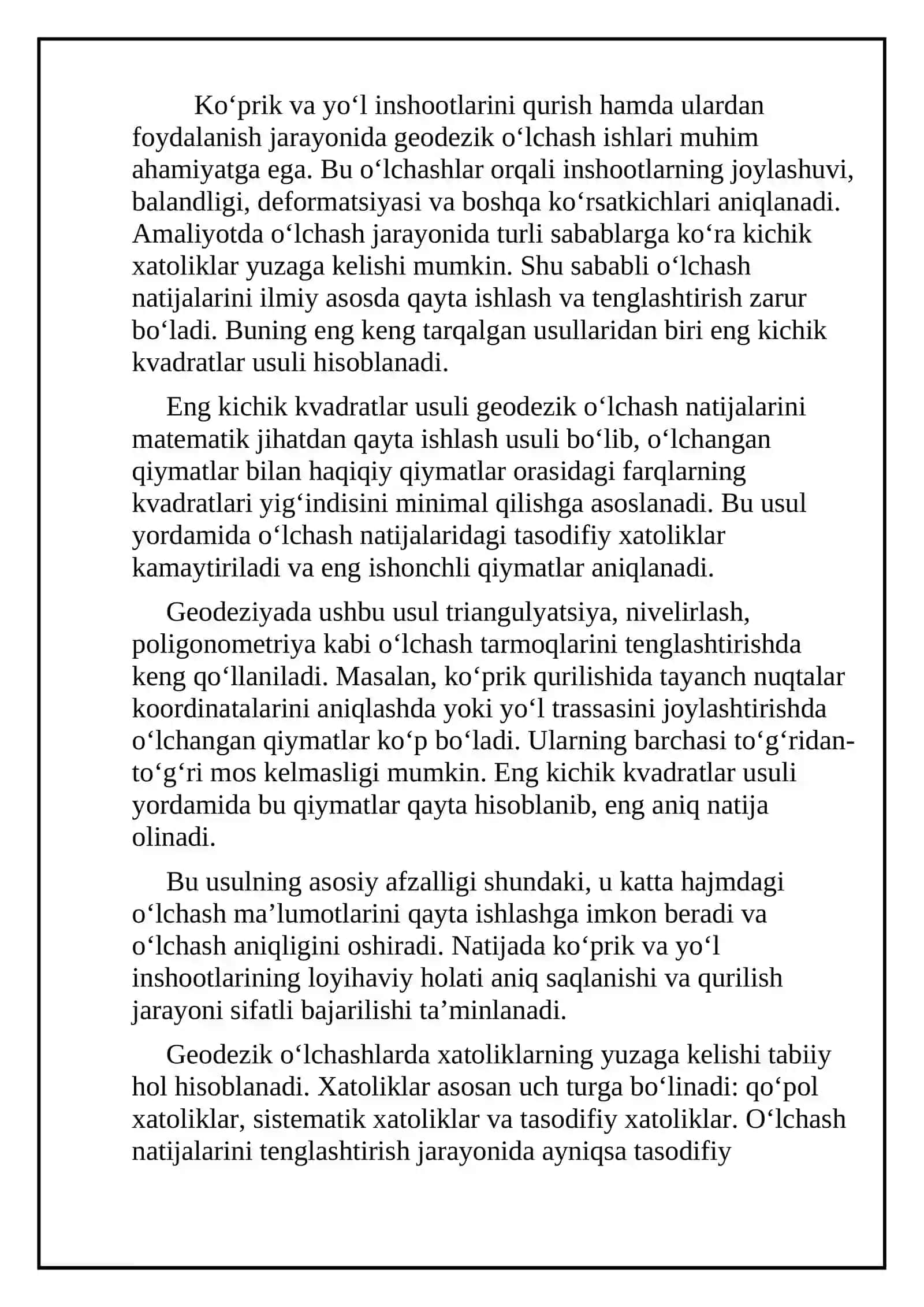 Ko‘prik va yo‘l inshootlarida geodezik o‘lchash natijalarini tenglashtirish usullari 2