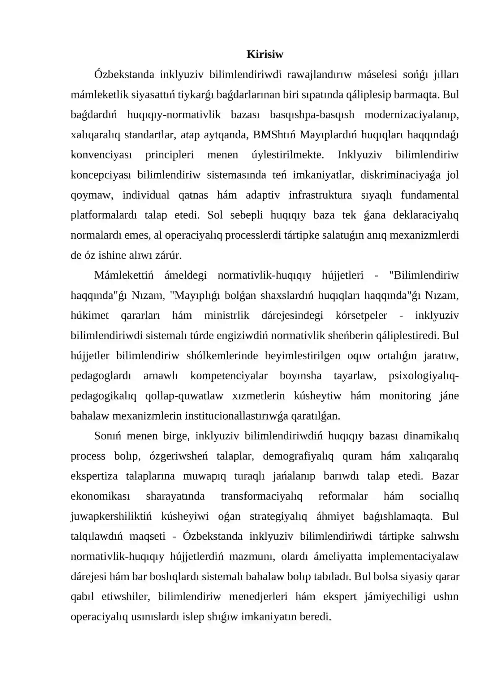 Ózbekstanda inklyuziv tálimniń normativ-huqıqıy bazasın analiz qılıw 2