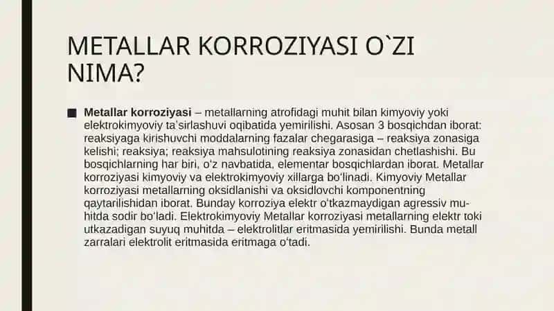 Metallarning korroziyasi nimaga bog`liq va undan himoyalanish usullari. 2