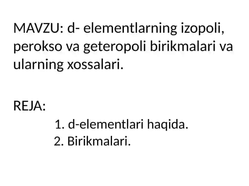 Namangandavlat universiteti Tabiiy fanlar fakulteti Kimyo yo'nalishi KIM-EU-21-guruh talabasi Mirzahamdamova Nisoxonning Noorganikkimyo fanidan tayyorlagan mustaqilishi 2