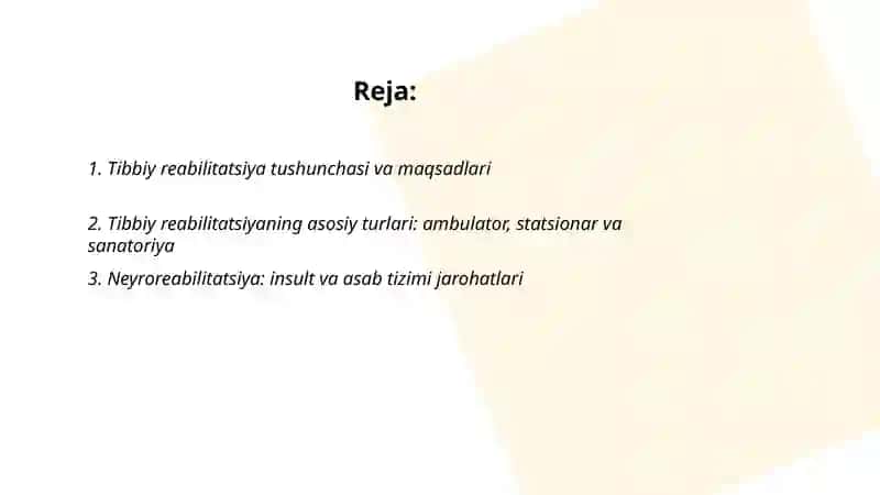Reabilitatsiyadan Tibbiy reabilitatsiya turlari mavzusida 2