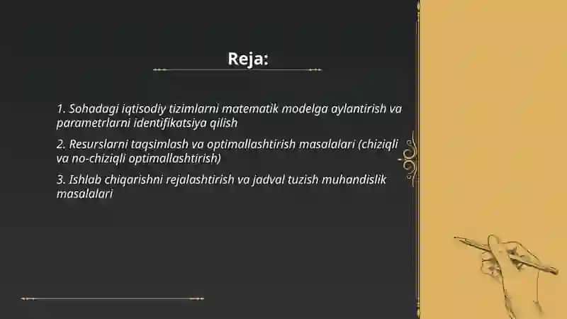 Sohadagi iqtisodiy tizimlarni ifodalovchi muhandislik masalalarini yechish 2
