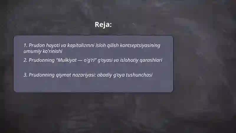 Prudon 1809 1865 kapitalizmni isloh qilish kansepsiyasi qiymatining abadiy ğoyasi belgilangan qiymat asosi 2