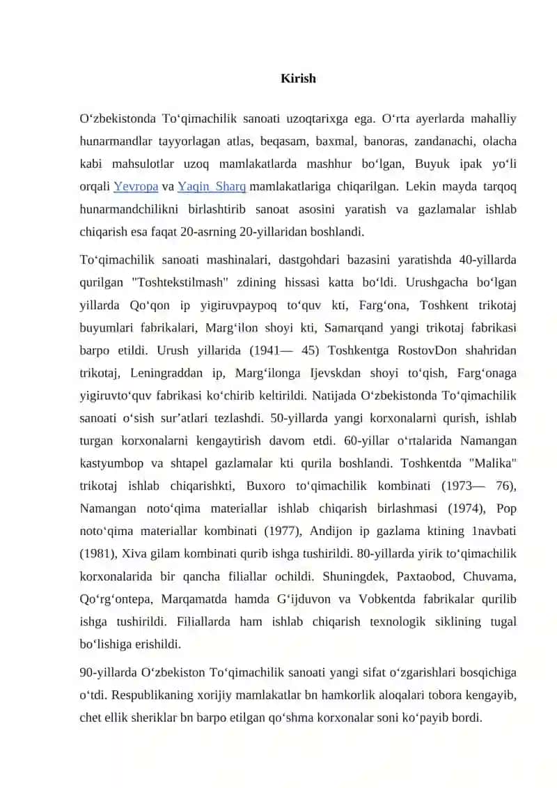 Batist assortimentdagi to‘qima ishlab chiqarish korxonasini loyihalash kurs ishi 2