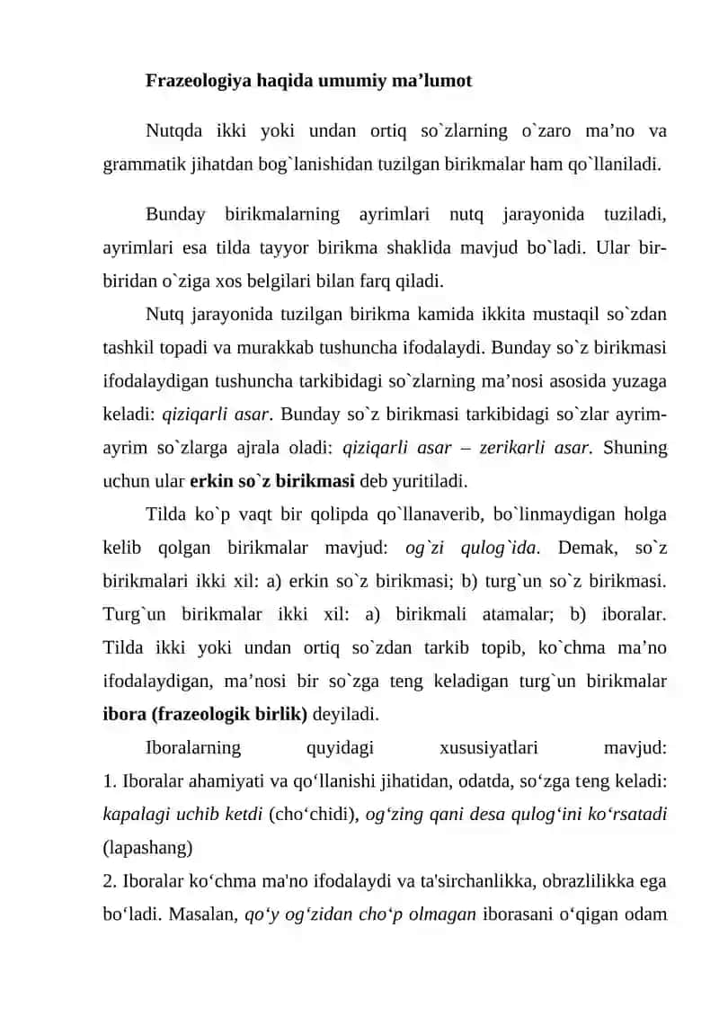 LUG‘AT TARKIBINING AJRALMAS BIRIKMALAR – FRAZEOLOGIK BIRIKMALAR MA’NO VA TARKIBI JIHATDAN TAVSIFLANISHI 2