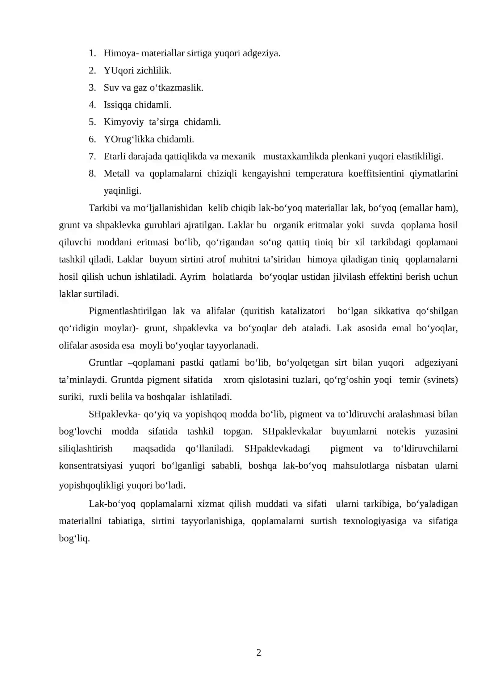 Qoplama hosil qiladigan lak - bo‘yoq materiallar 2