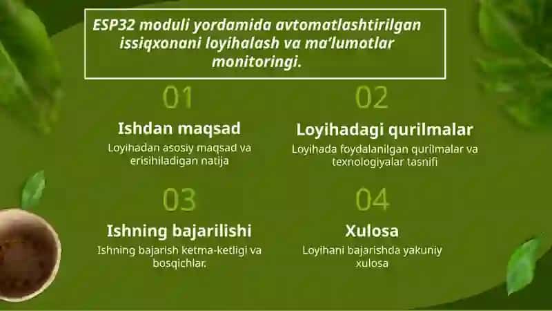 ESP32 moduli yordamida avtomatlashtirilgan issiqxonani loyihalash va ma’lumotlar monitoringi. 2