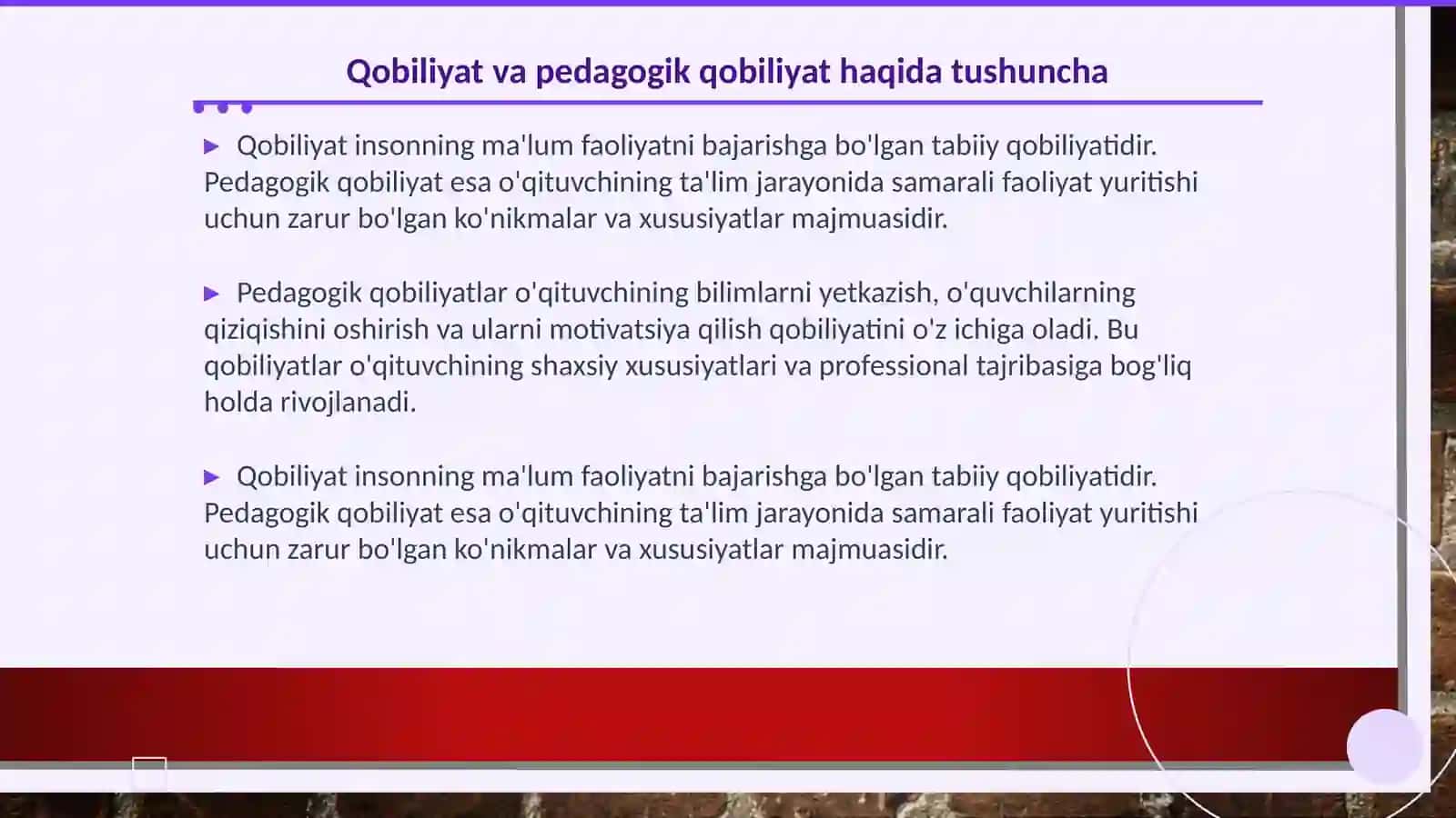 Qobiliyat va pedagogik qobiliyat haqida tushuncha. Pedagogik qobiliyatning turlari va ularning tavsifi. Pedagogik qobiliyatni shakllantirish yo‘llari. Kommunikatsiya haqida tushuncha. Kommunikativ qobiliyat va pedagogik ta’sir ko‘rsatish. O‘qituvchi 2